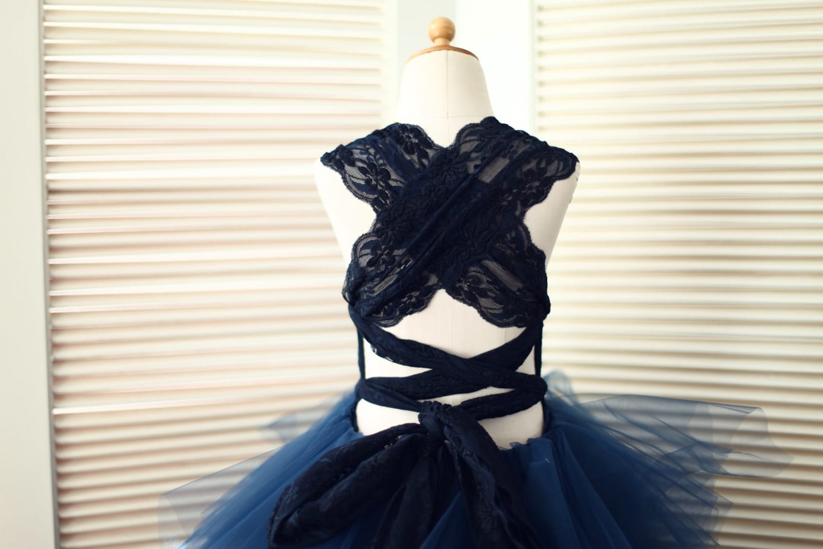 Backless Navy Blue Lace Ruffle Tulle Skirt Flower Girl Dress