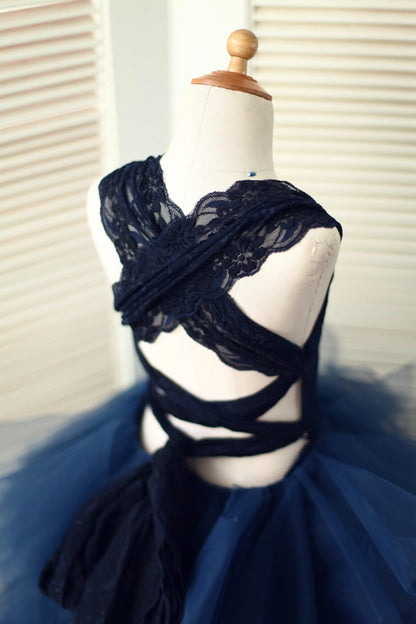 Backless Navy Blue Lace Ruffle Tulle Skirt Flower Girl Dress