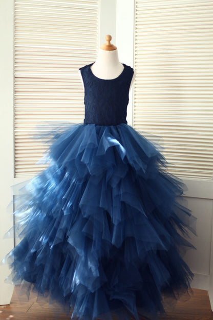 Backless Navy Blue Lace Ruffle Tulle Skirt Flower Girl Dress