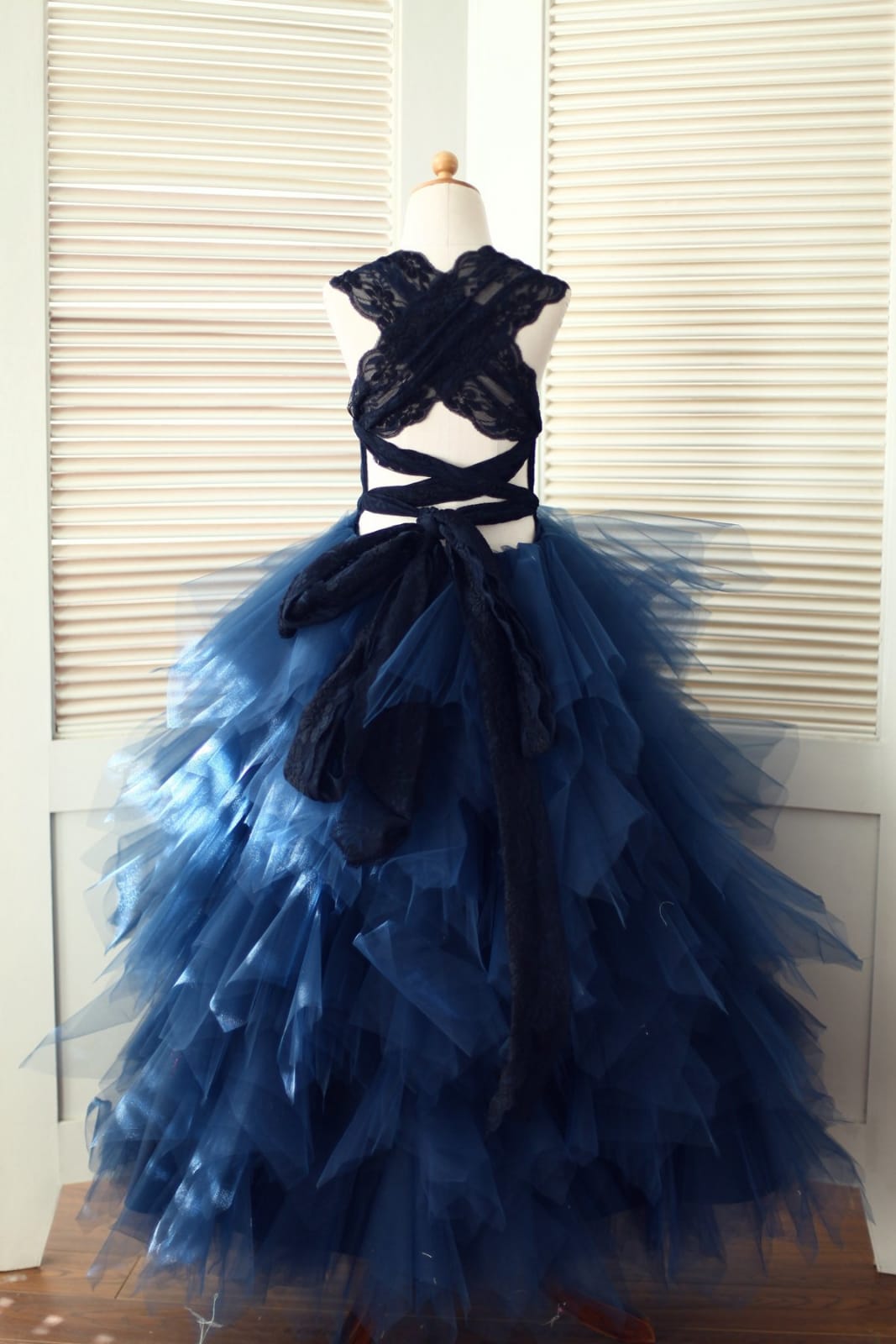 Backless Navy Blue Lace Ruffle Tulle Skirt Flower Girl Dress