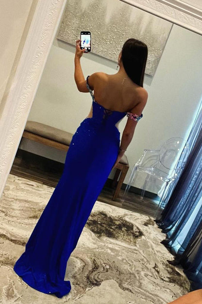 Roycebridal Royal Blue Off the Shoulder Beaded Long Prom Dresses with Appliques