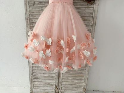 Pink 3D Flowers Wedding Flower Girl Dress Kids Party Dress