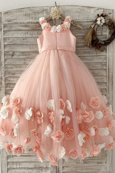 Pink 3D Flowers Wedding Flower Girl Dress Kids Party Dress