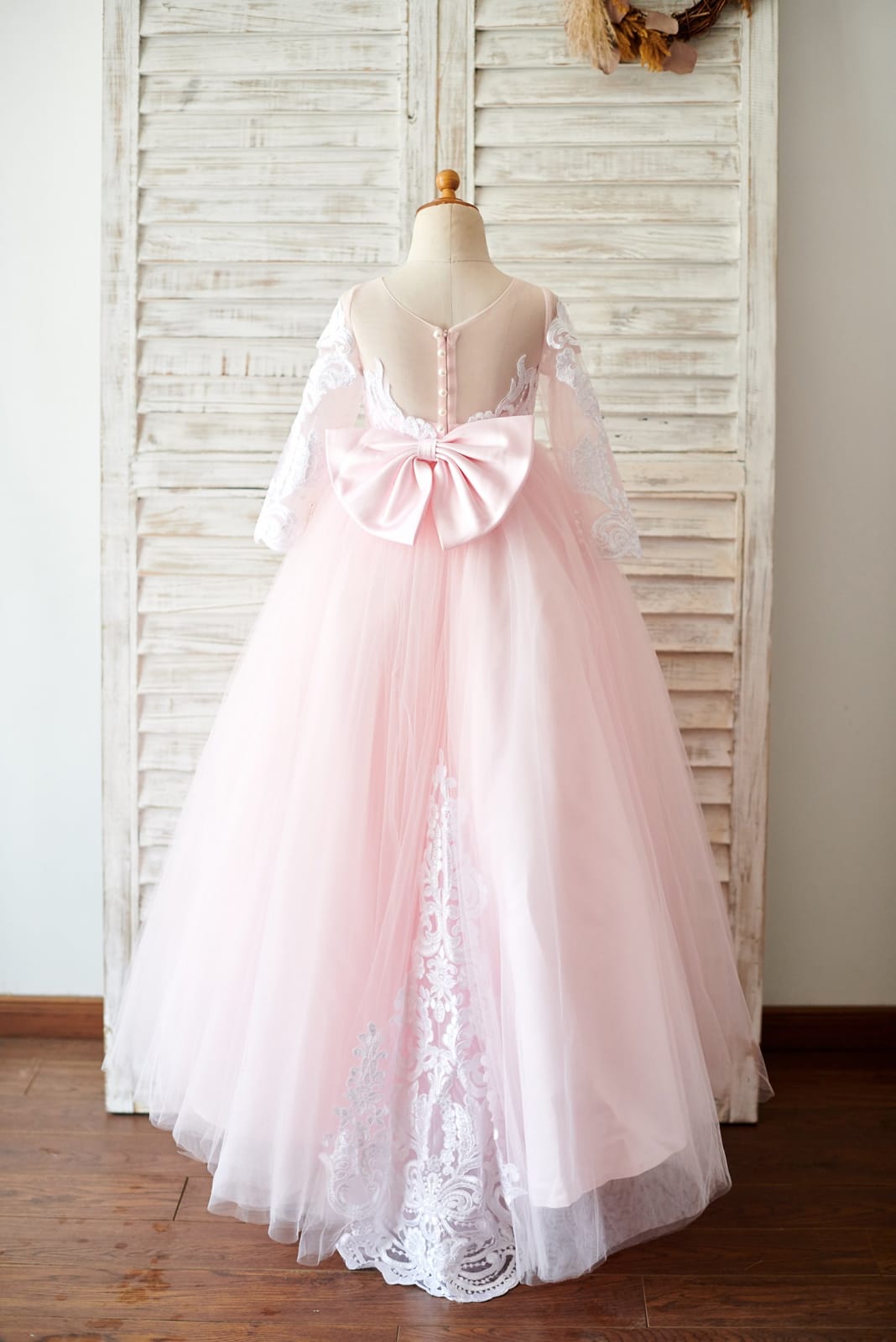 Ball Gown Long Sleeves Pink Lace Tulle Wedding Flower Girl 