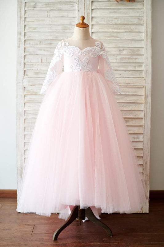 Ball Gown Long Sleeves Pink Lace Tulle Wedding Flower Girl 