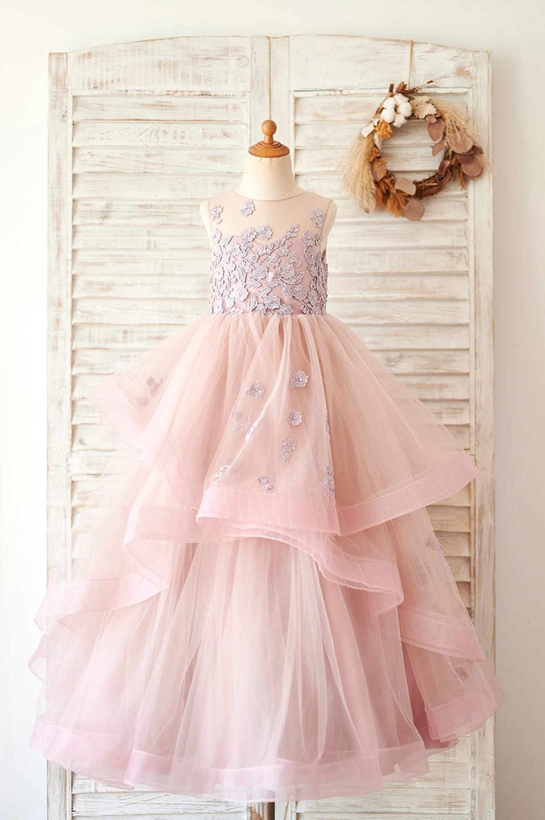 Mauve Lace Tulle Floor Length Wedding Flower Girl Dress