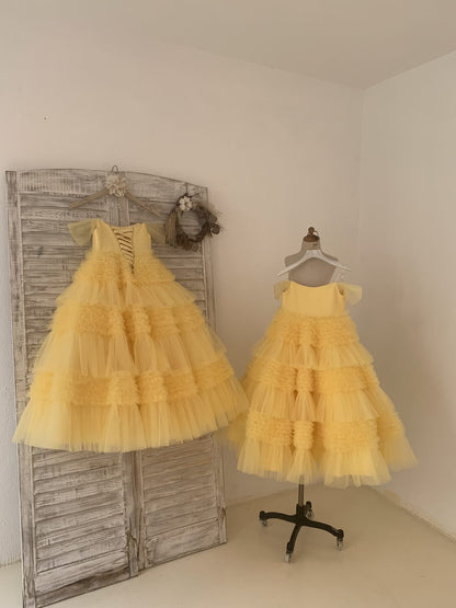 Ball Gown Off Shoulder Yellow Ruffle Tulle Wedding Flower 