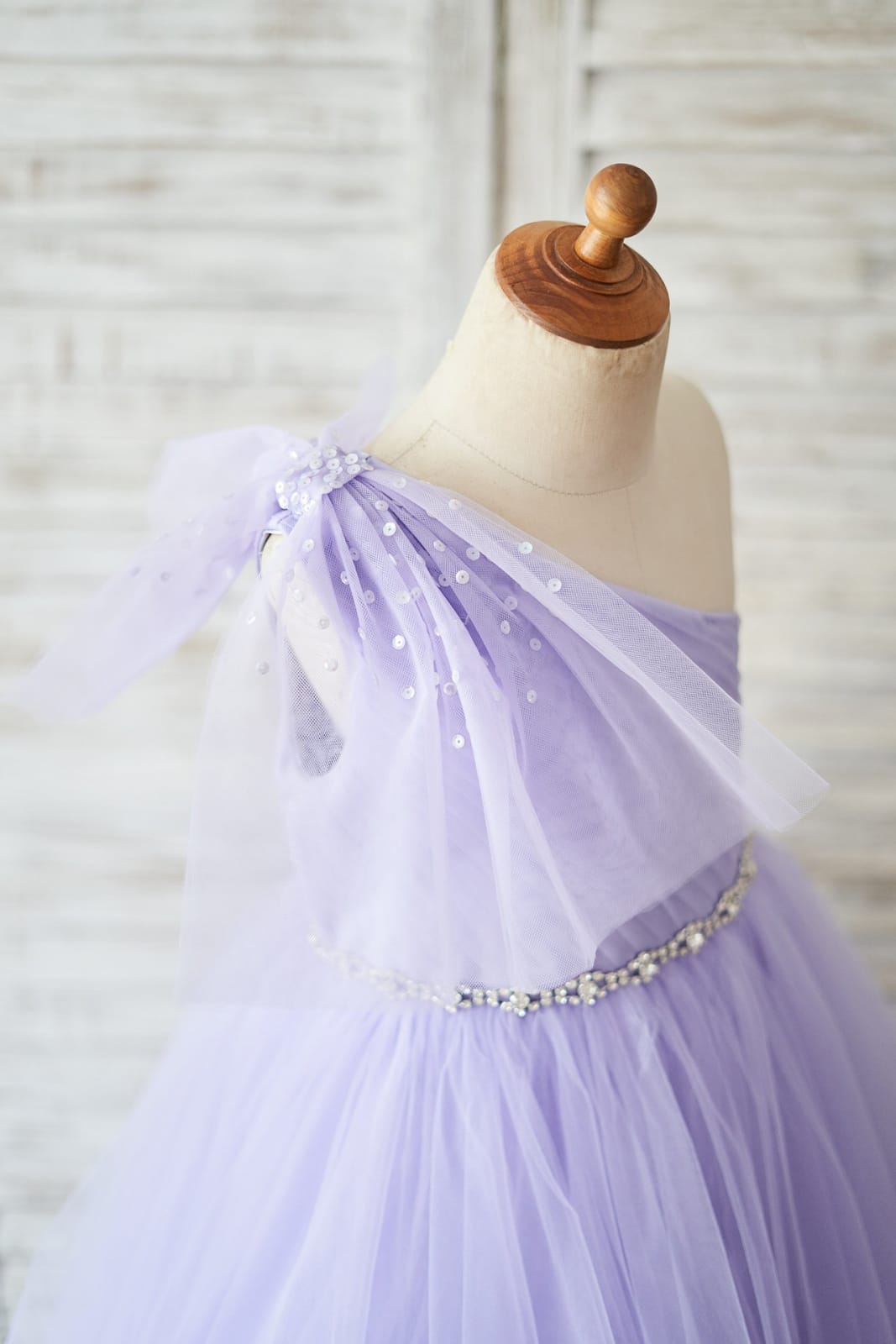 One Shoulder Beaded Lavender Tulle Wedding Flower Girl Dress