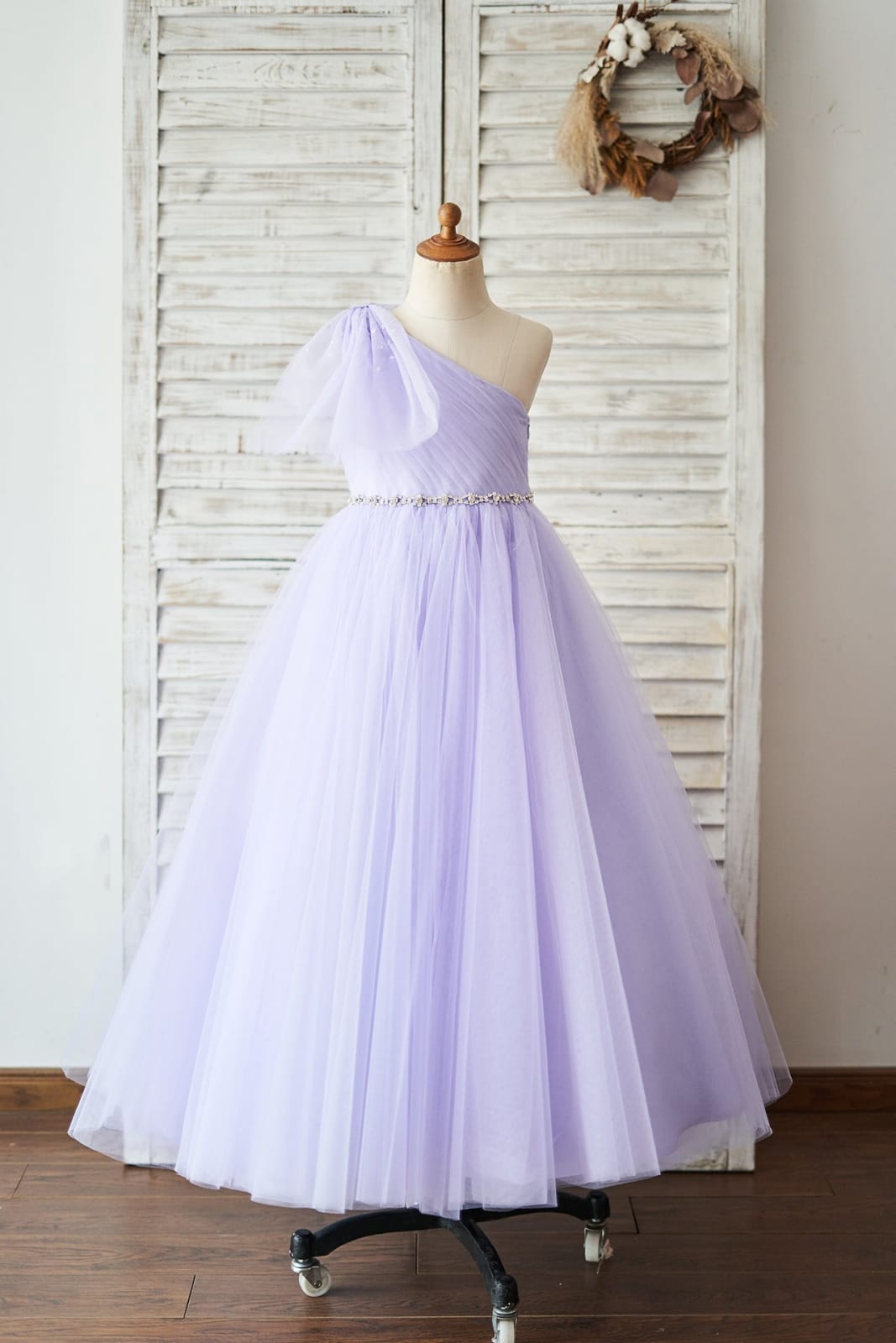 One Shoulder Beaded Lavender Tulle Wedding Flower Girl Dress