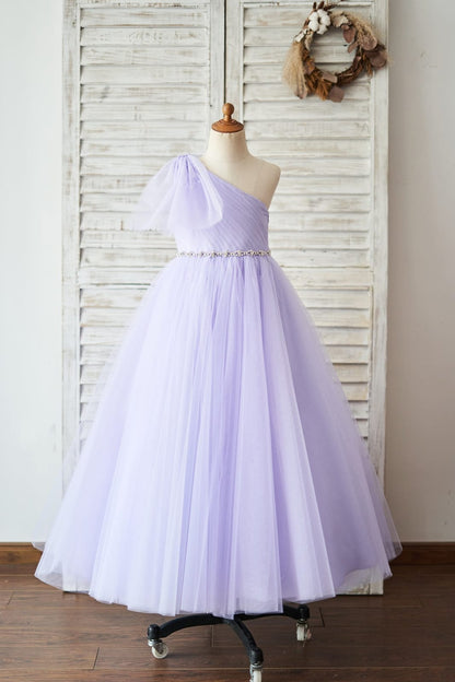 One Shoulder Beaded Lavender Tulle Wedding Flower Girl Dress