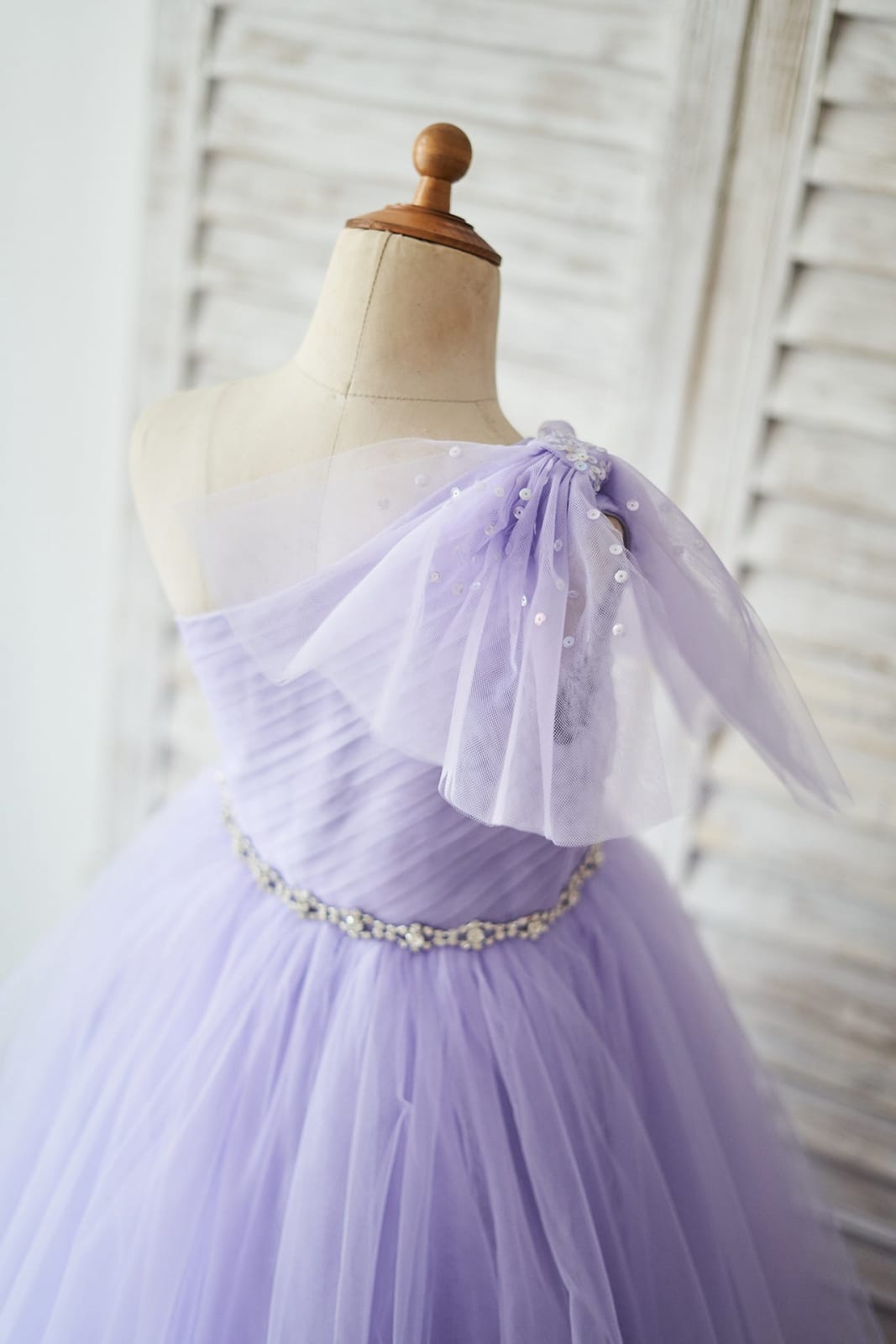 One Shoulder Beaded Lavender Tulle Wedding Flower Girl Dress