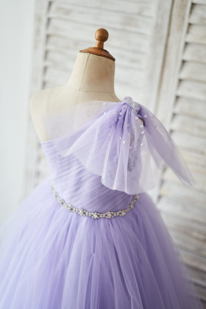 One Shoulder Beaded Lavender Tulle Wedding Flower Girl Dress