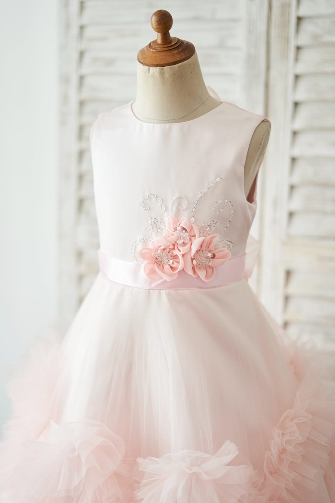 Pink Satin Tulle Keyhole Back Ruffles Wedding Flower Girl 