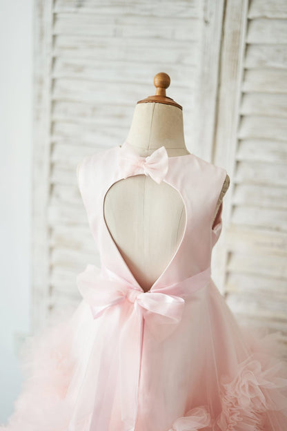 Pink Satin Tulle Keyhole Back Ruffles Wedding Flower Girl 