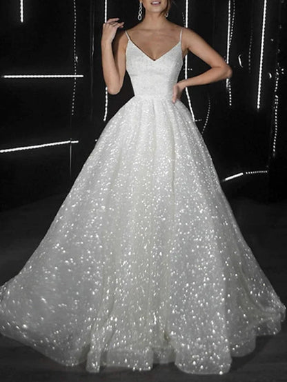 Roycebridal Noemi | Ball Gown Prom Dresses Glittering Dress Wedding Party Court Train Sleeveless Spaghetti Strap Tulle with Sequin