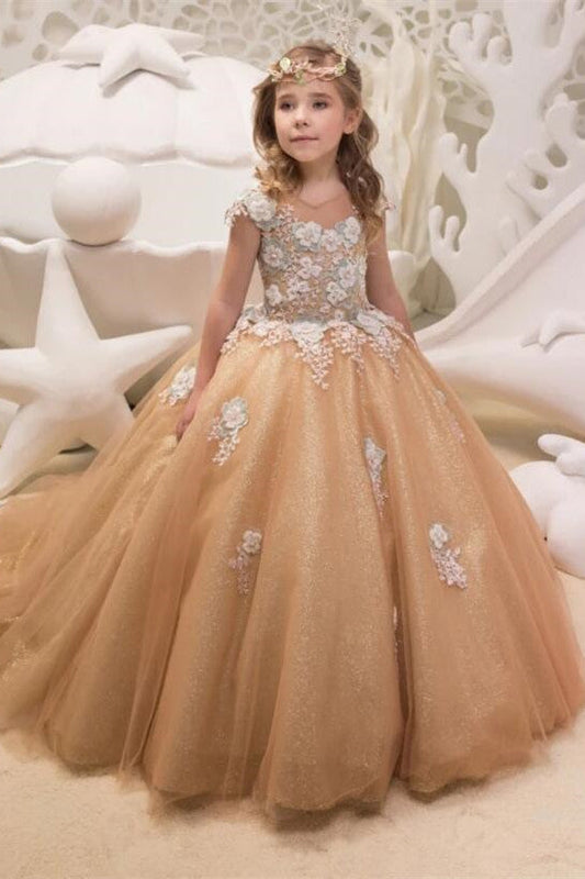 Ball Gown Round Collar Floor Length Court Tulle Applique Flower Girls Dress-showprettydress