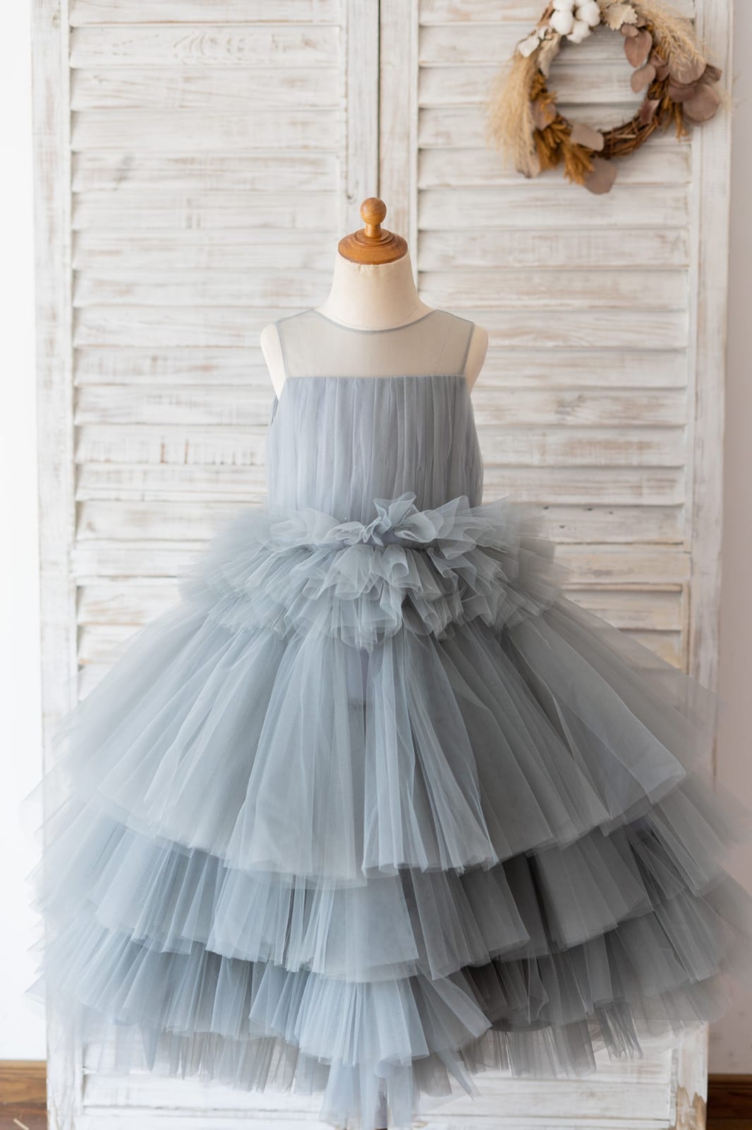 Silver Gray Tulle Cupcake Tea Length Wedding Flower Girl 