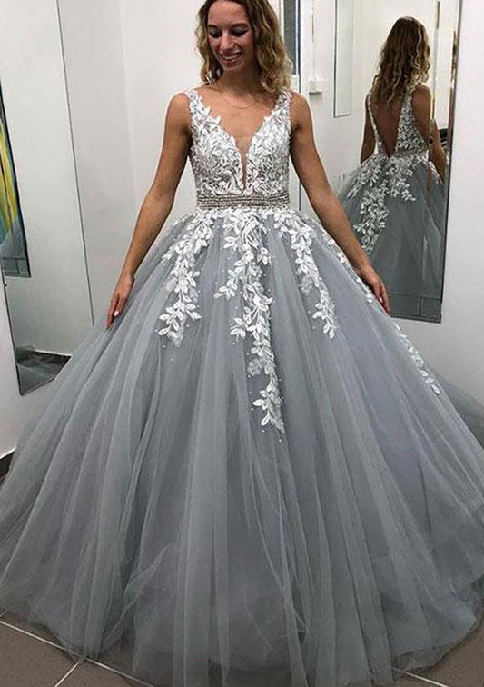 Roycebridal Adley | Ball Gown Sleeveless Long/Floor-Length Tulle Prom Dress With Lace Appliqued Beading