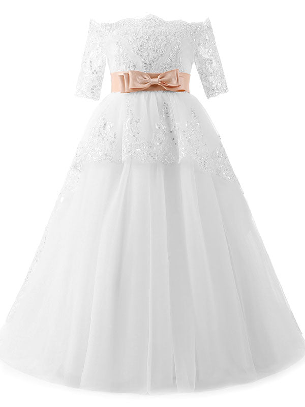 Bateau Neck Lace Half Sleeves Ankle Length Princess Bows Kids Formal Pageant Dresses-showprettydress