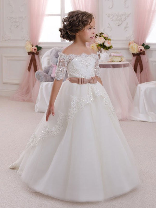 Bateau Neck Lace Half Sleeves Ankle Length Princess Bows Kids Formal Pageant Dresses-showprettydress