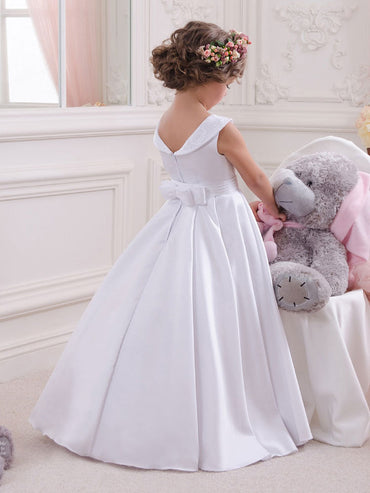 Bateau Neck Satin Fabric Sleeveless Floor Length A-Line Bows Kids Social Party Dresses-showprettydress