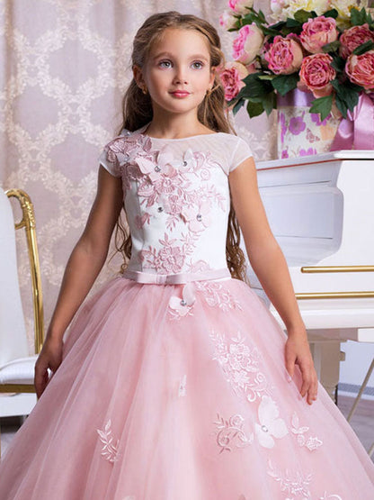 Bateau Neck Sleeveless Ankle Length Bows Sash Butterfly Kids Party Dresses-showprettydress