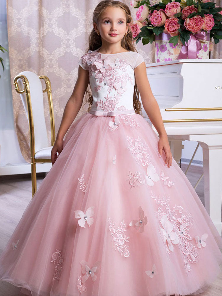 Bateau Neck Sleeveless Ankle Length Bows Sash Butterfly Kids Party Dresses-showprettydress