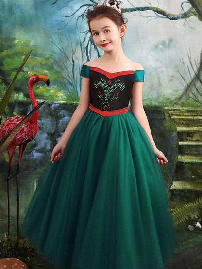 Bateau Neck Tulle Short Sleeves Tea Length Princess Studded Formal Kids Pageant flower girl dresses-showprettydress