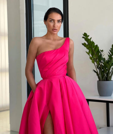 Roycebridal Ariella | Charming A Line One Shoulder Fuchsia Sequins Long Prom Dresses with Slit