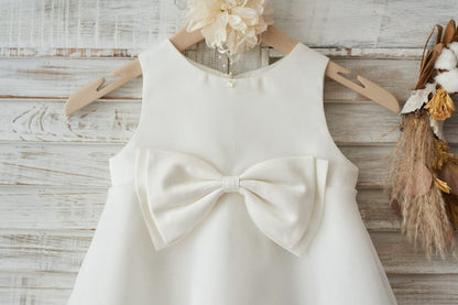 Boho Beach Ivory Satin Organza Wedding Flower Girl Dress 