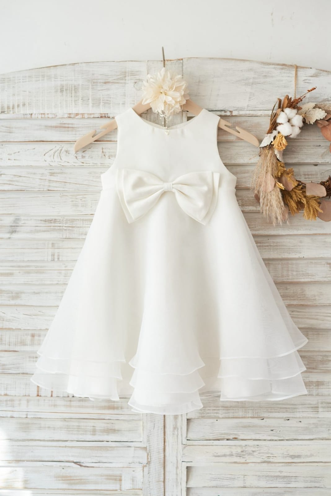 Boho Beach Ivory Satin Organza Wedding Flower Girl Dress 