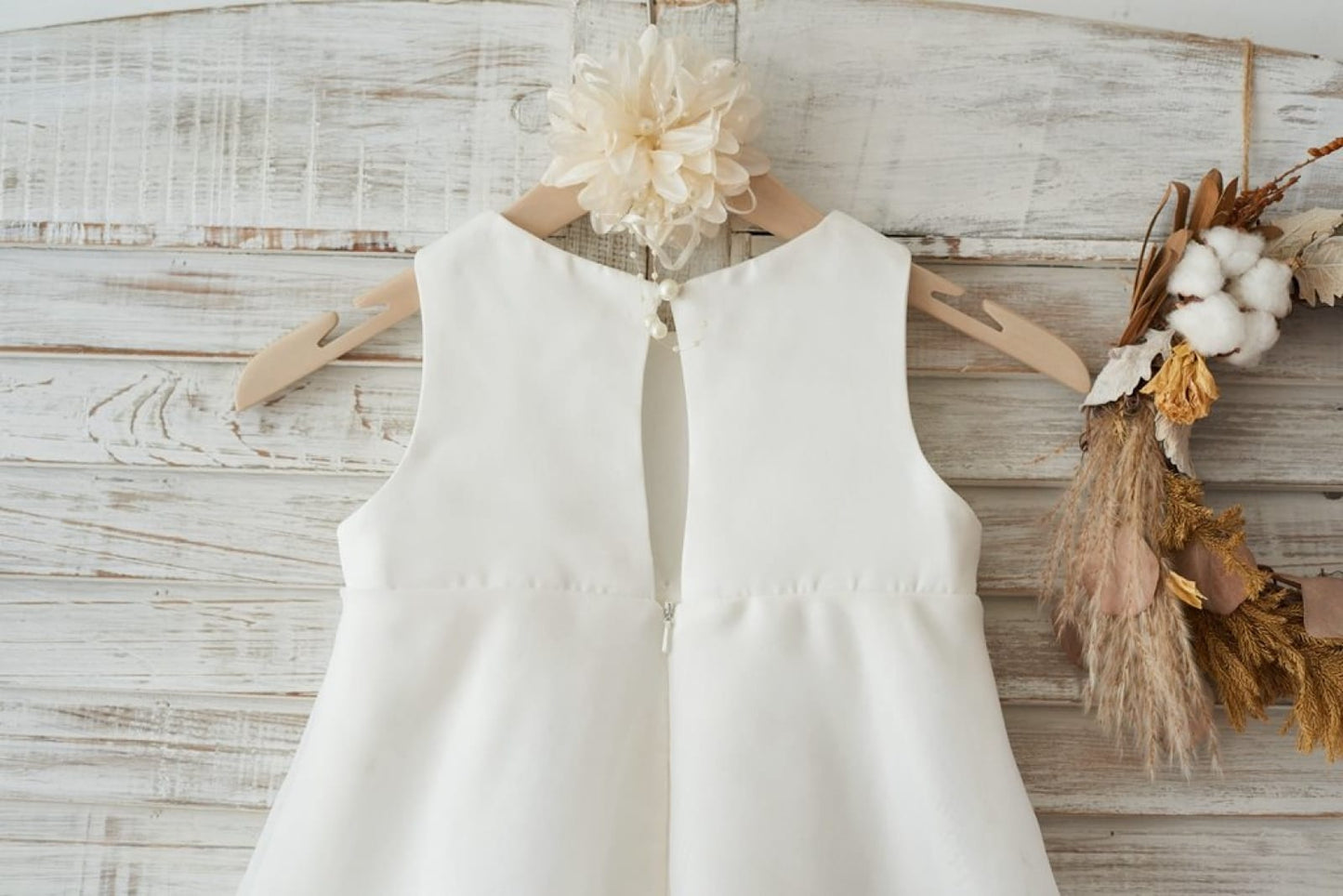 Boho Beach Ivory Satin Organza Wedding Flower Girl Dress 