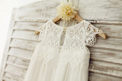 Boho Beach Lace Cap Sleeves Ivory Chiffon Flower Girl Dress