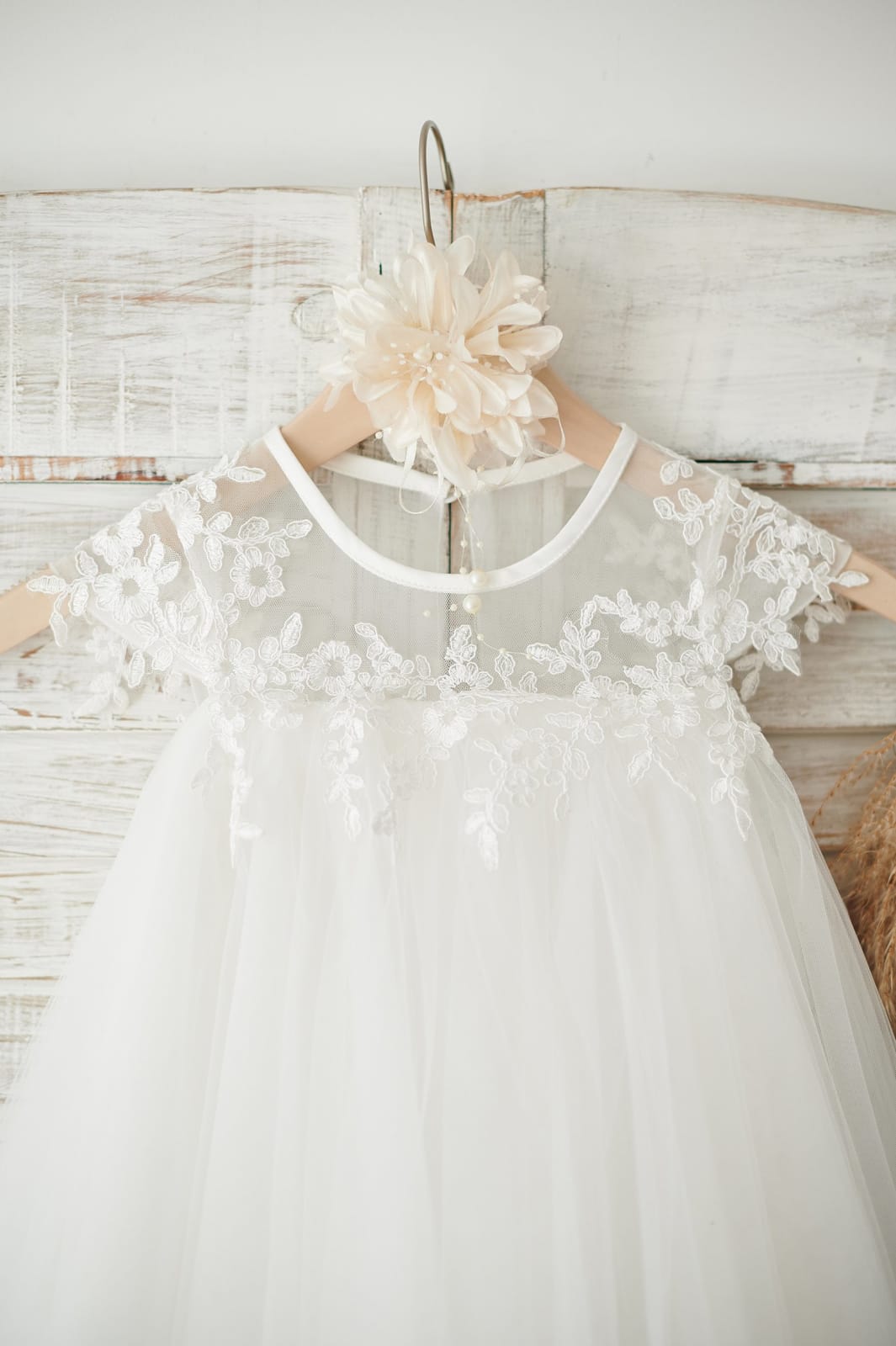 Boho Beach Sheer Neck Ivory Tulle Lace Wedding Flower Girl 