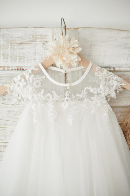 Boho Beach Sheer Neck Ivory Tulle Lace Wedding Flower Girl 