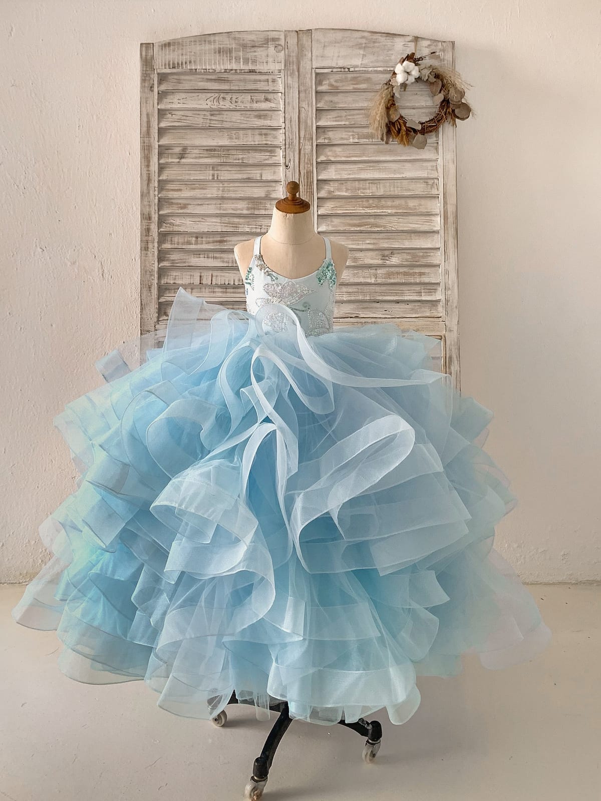 Beaded Butterfly Blue Ruffle Tulle Wedding Flower Girl Dress