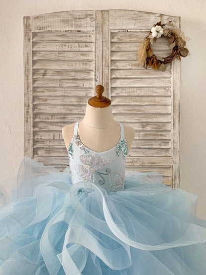 Beaded Butterfly Blue Ruffle Tulle Wedding Flower Girl Dress