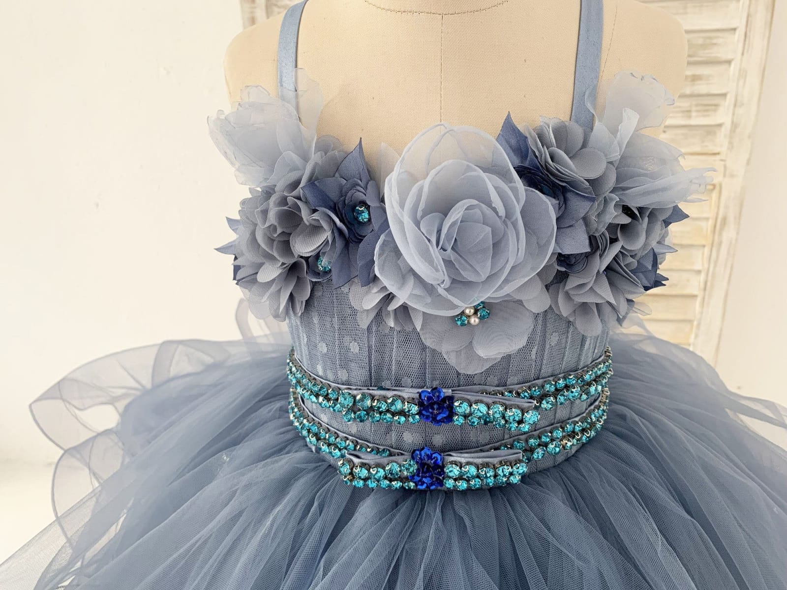 Beaded Dusty Blue Polka Dots Tulle Wedding Flower Girl Dress