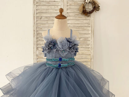 Beaded Dusty Blue Polka Dots Tulle Wedding Flower Girl Dress