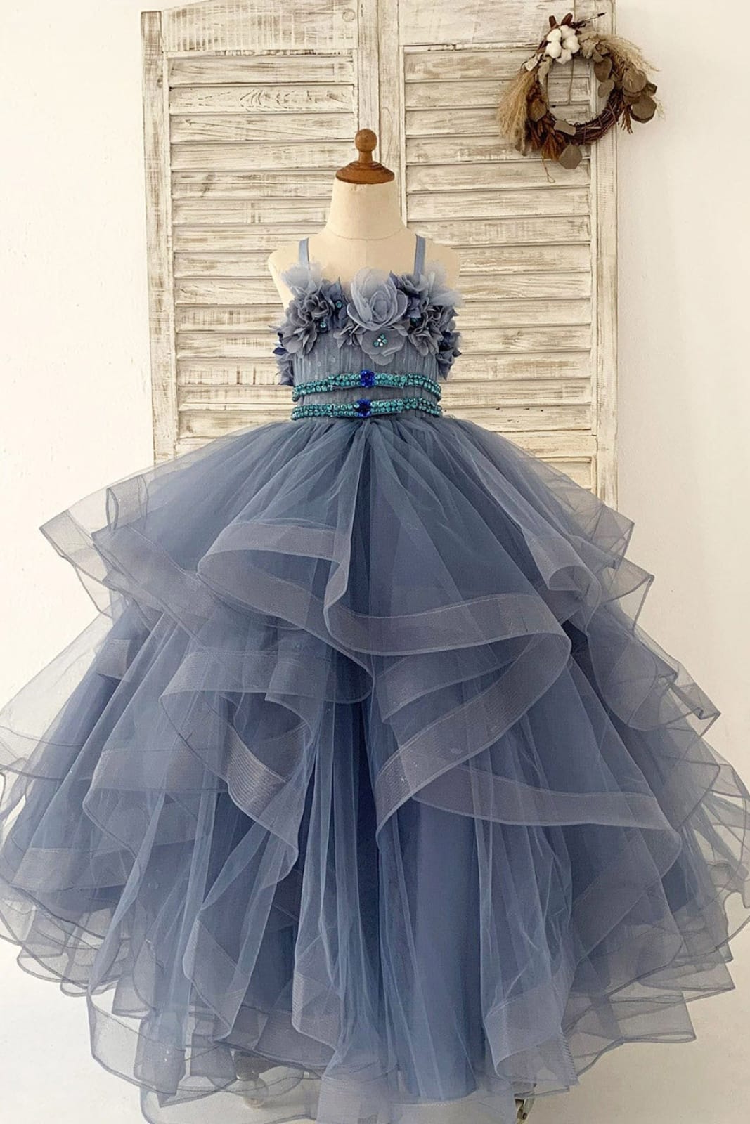 Beaded Dusty Blue Polka Dots Tulle Wedding Flower Girl Dress