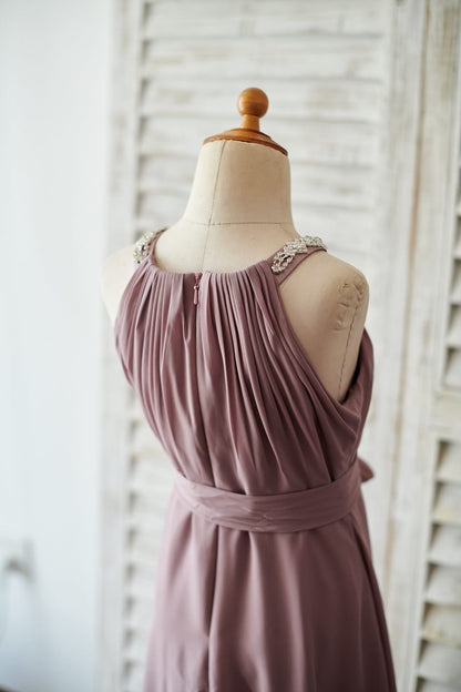 Beaded Mauve Chiffon Wedding Junior Bridesmaid Dress in 