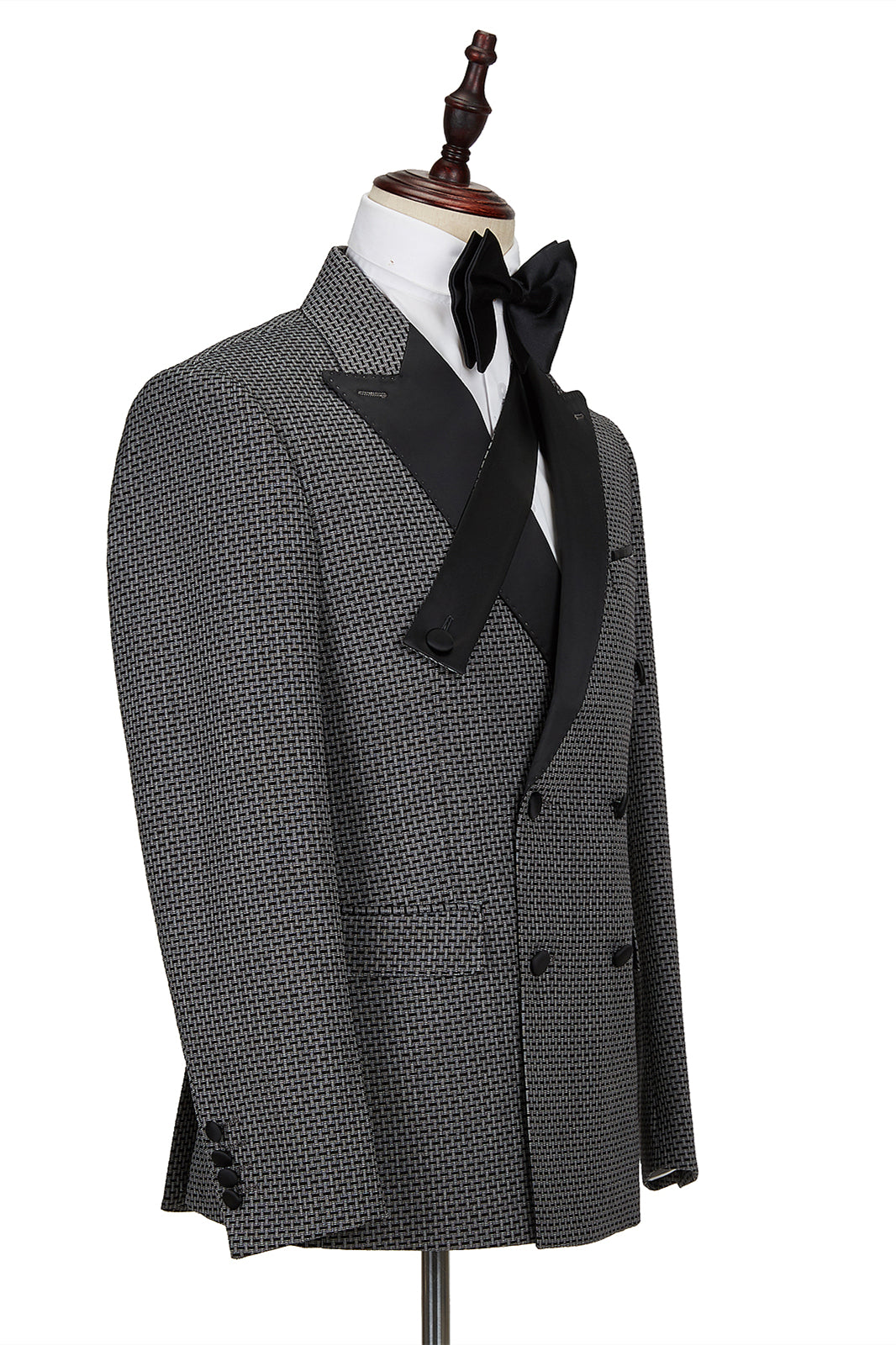 Bespoke Black-and-Gray Cruciform Satin Peak Lapel Double Breasted Men Formal Suit-showprettydress