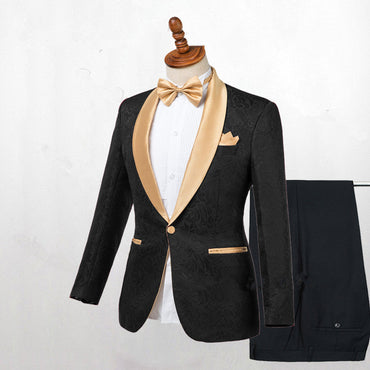 Bespoke Black One Button Wedding Men Suits with Gold Lapel-showprettydress