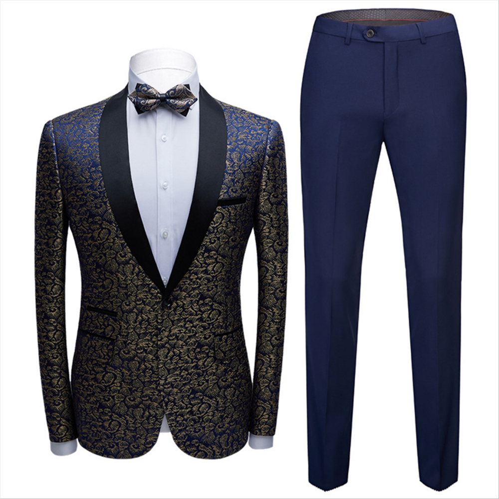 Bespoke Black Satin Shawl Lapel Wedding Tuxedos Gold Jacquard Blue Men Suits for Prom-showprettydress