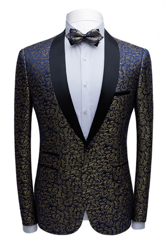 Bespoke Black Satin Shawl Lapel Wedding Tuxedos Gold Jacquard Blue Men Suits for Prom-showprettydress