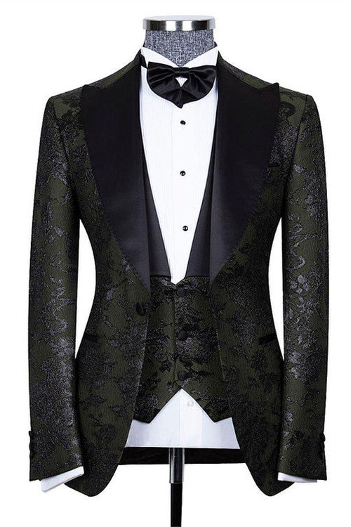 Bespoke Black Three Pieces Jacquard Peaked Lapel Wedding Groom Suits-showprettydress