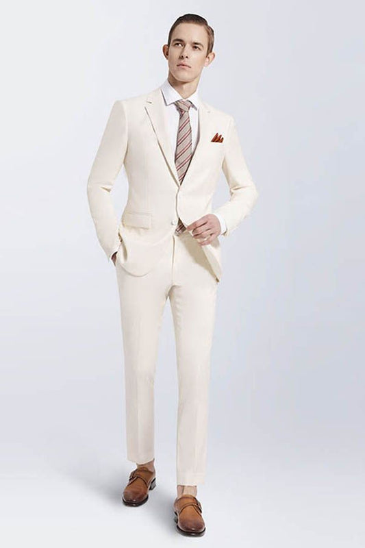 Bespoke Cream Slim Fit Marriage Suits Notch Lapel Casual Leisure Suits for Men-showprettydress