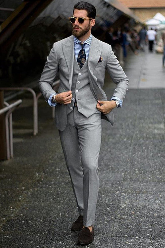 Bespoke Formal Mens Suits Regular Grey Three-Piece Business Suits-showprettydress