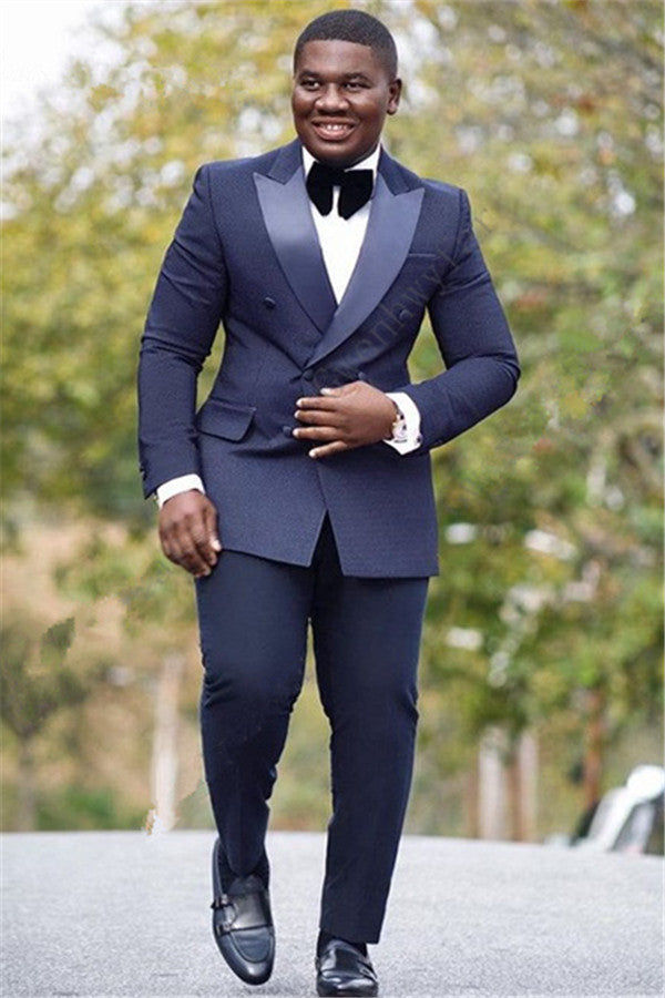 Bespoke Navy Blue Double Breasted Peaked Silk Lapel Mens Suit Online-showprettydress