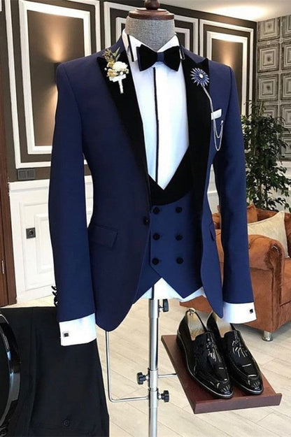 Bespoke Peaked Lapel Slim Fit Dark Navy Formal Business Men Suit-showprettydress